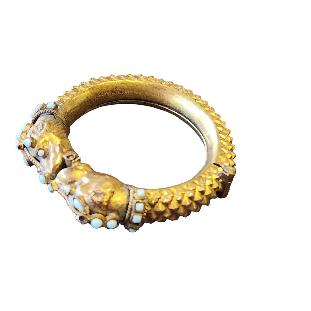 Antique Rare Unusual Early Foo Dog Hand Done Hinged Brass Bracelet (A2943)